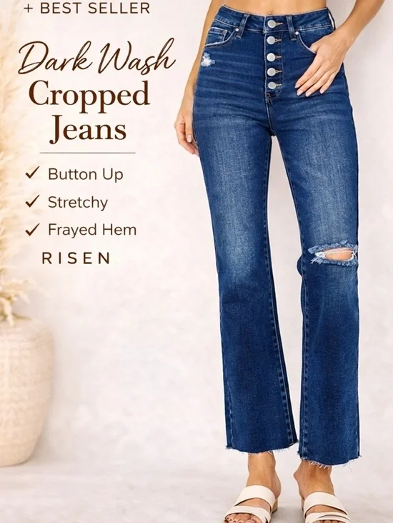 NWT Risen High Rise Button Fly Cropped Flare Jeans Stretchy Dark Wash Raw Hem - Picture 1 of 5